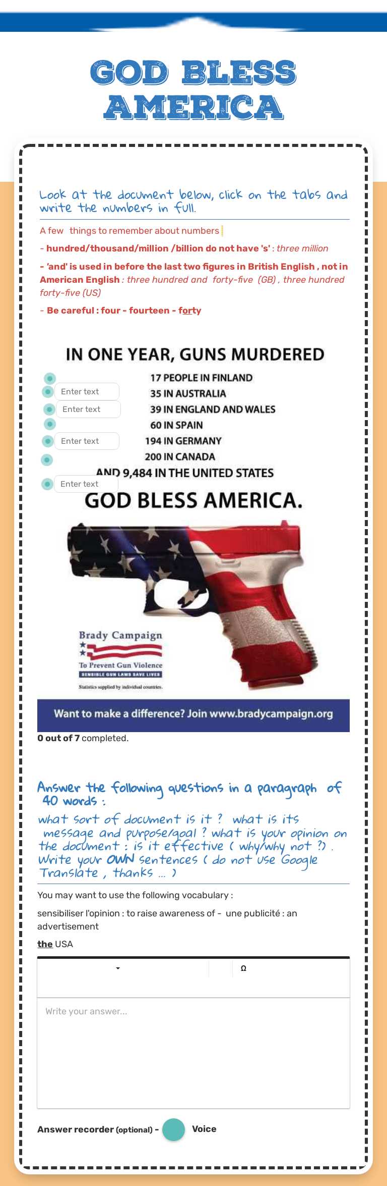 God Bless America Grade 10 worksheet preview