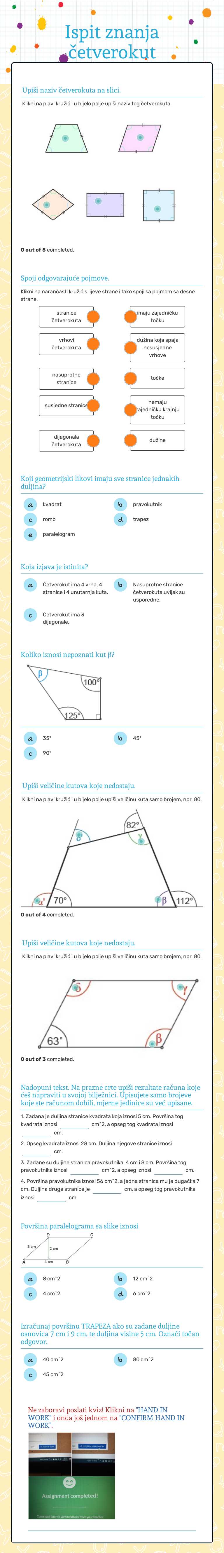 Ispit znanja četverokut worksheet preview image