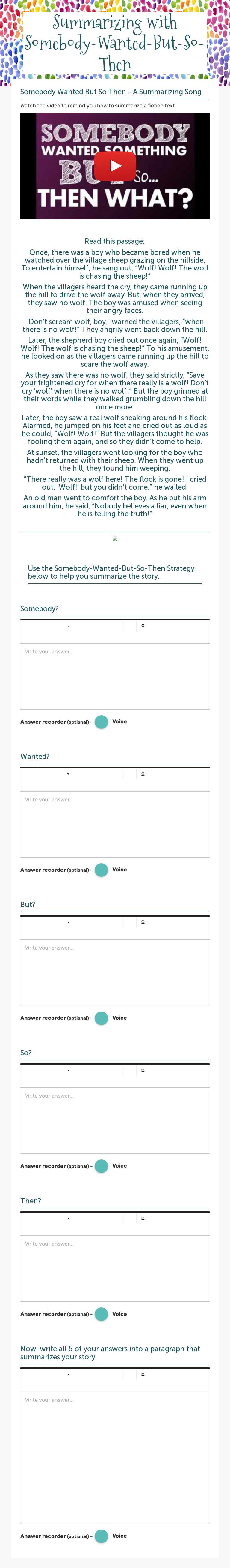 Summarizing with                      Somebody-Wanted-But-So-Then Grade 7 worksheet preview