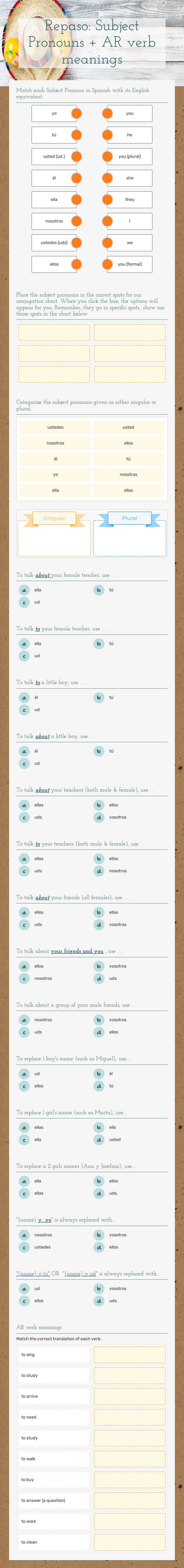 Repaso: Subject Pronouns + AR verb meanings worksheet preview image