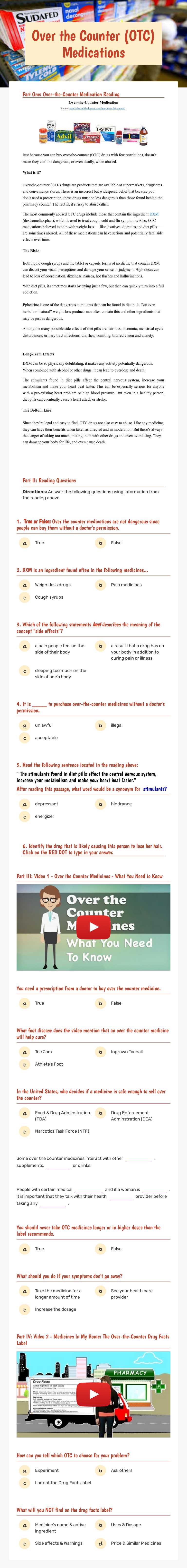 Over the Counter (OTC) Medications worksheet preview image