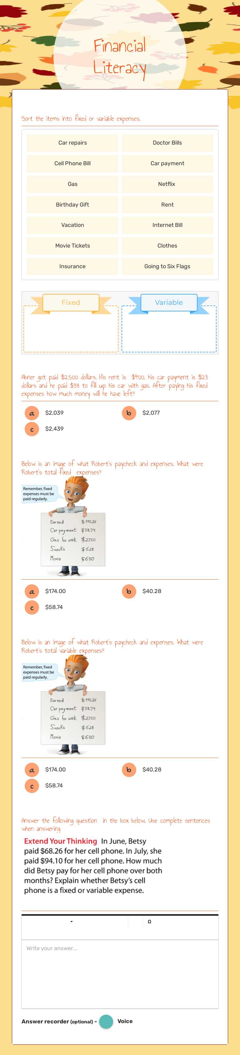 Financial Literacy worksheet preview image