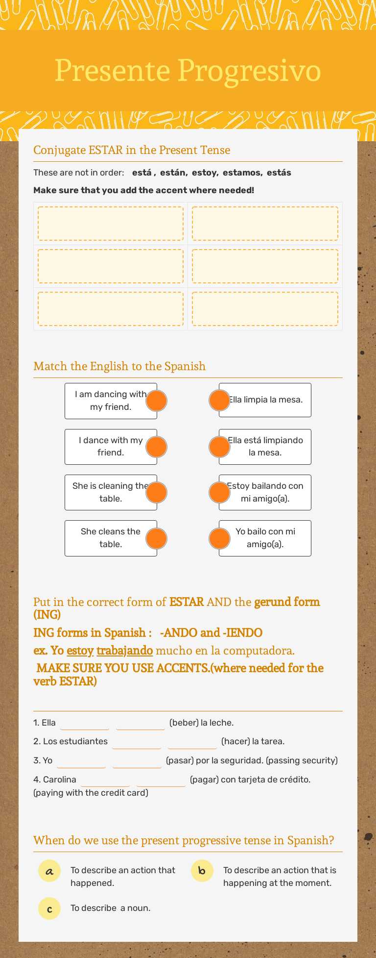 Presente Progresivo worksheet preview image
