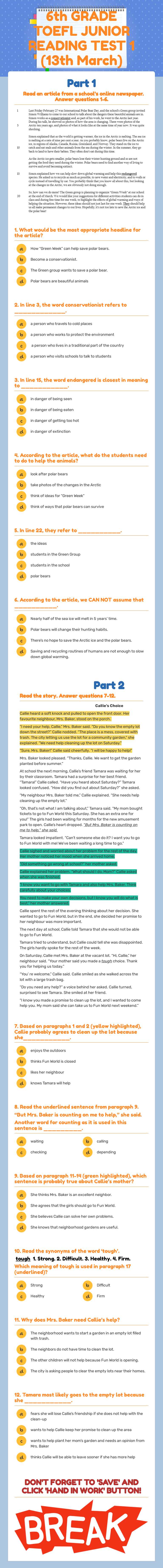 6th GRADE TOEFL JUNIOR READING TEST 1 (13th March) worksheet preview image