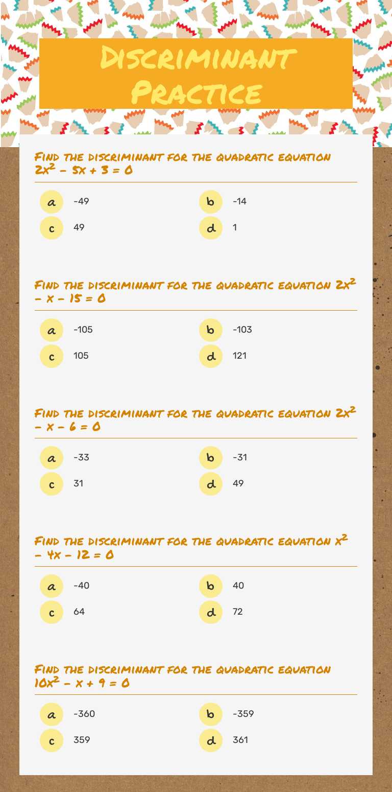Discriminant Practice worksheet preview image