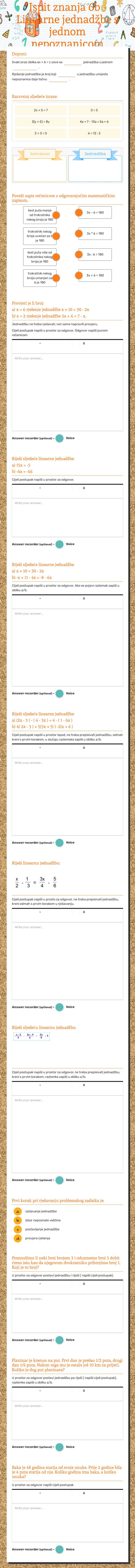 Ispit znanja 6b - Linearne jednadžbe s jednom nepoznanicom worksheet preview image