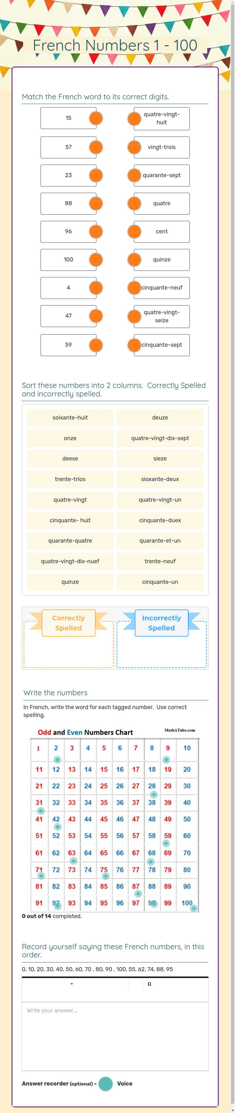 French Numbers 1 - 100 worksheet preview image