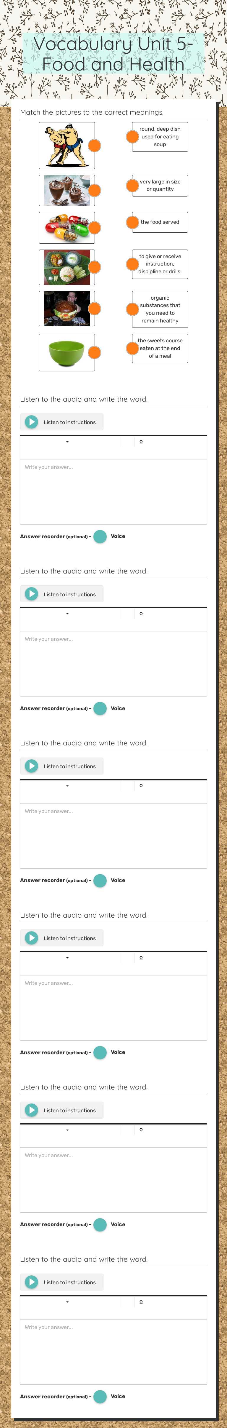 Vocabulary Unit 5- Food and Health worksheet preview image