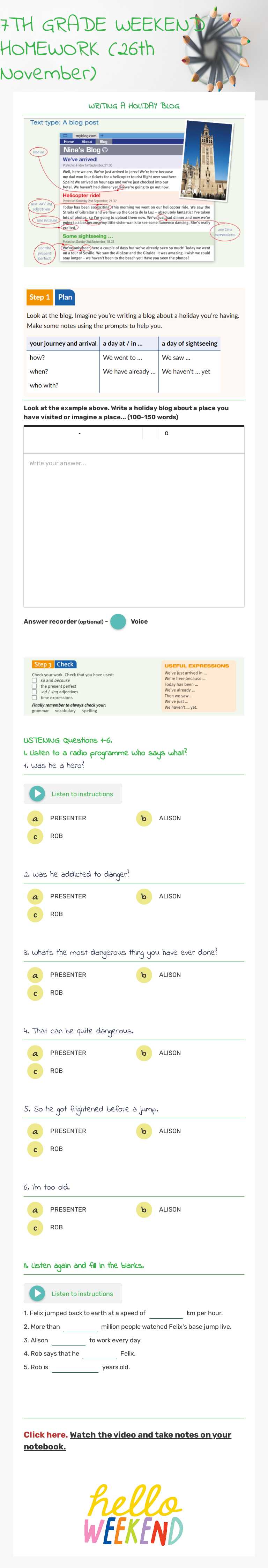 7TH GRADE WEEKEND HOMEWORK  (26th November) worksheet preview image