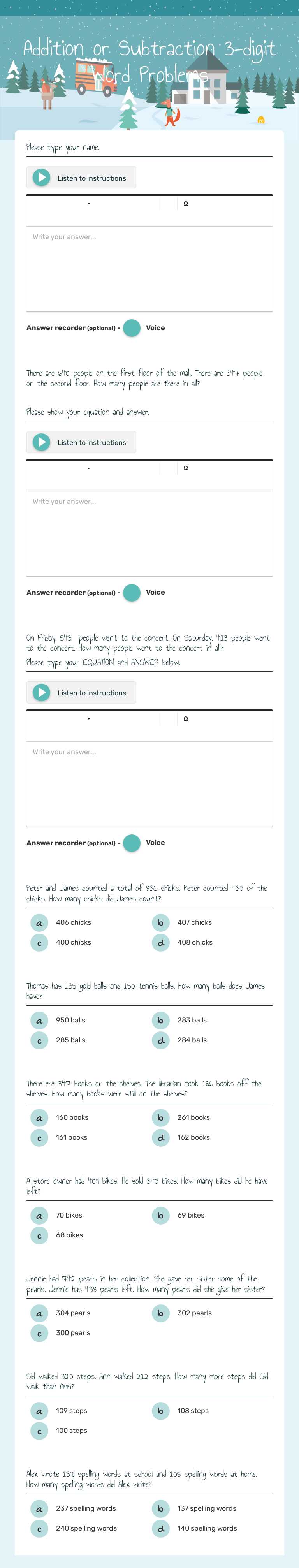 Addition or Subtraction 3-digit Word Problems worksheet preview image