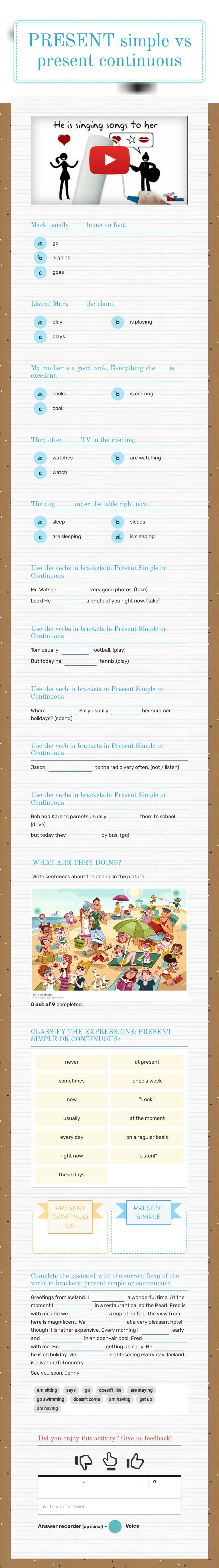 PRESENT simple vs 
present continuous Grade 10 worksheet preview