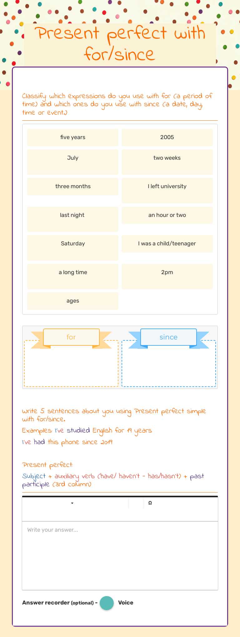 Present perfect with for/since worksheet preview image