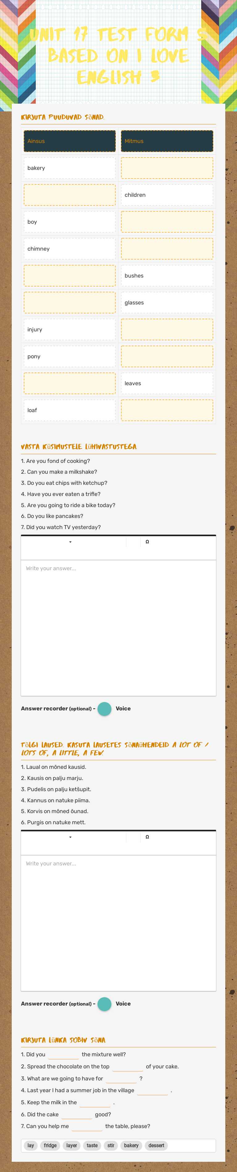Unit 17 test form 5 based on I love English 3 worksheet preview image