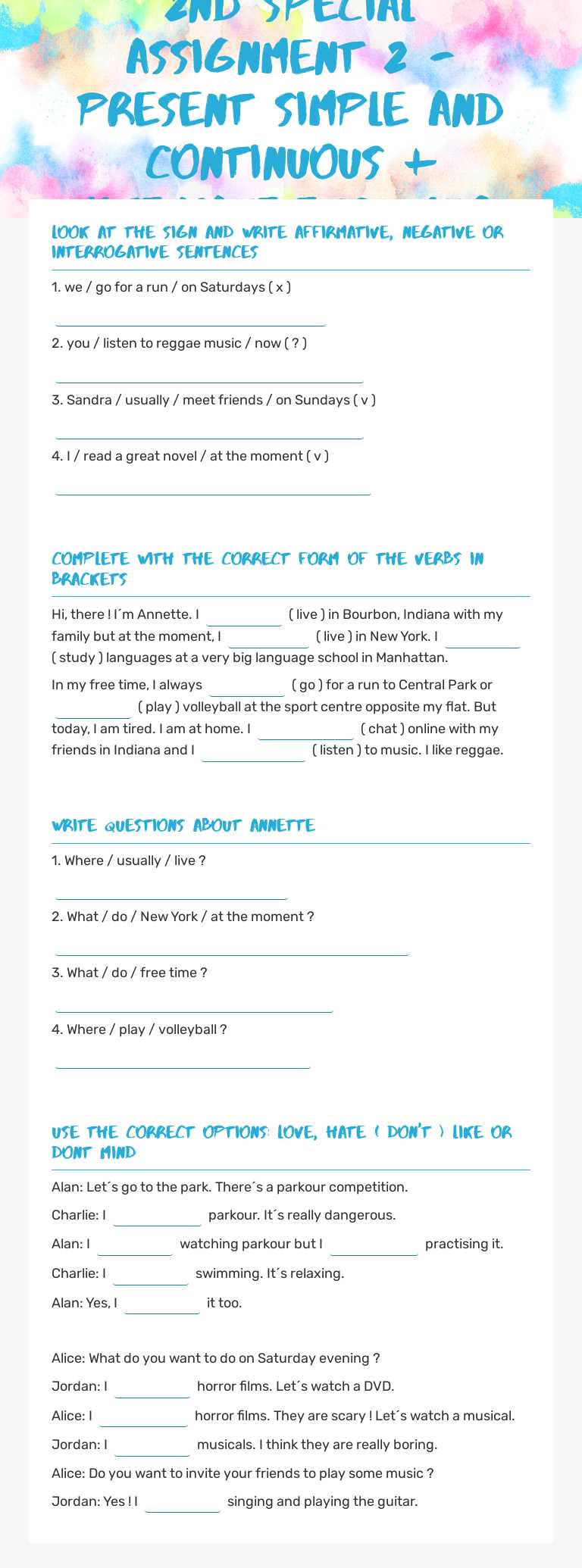 2nd Special Assignment 2 -Present Simple and Continuous + like,hate,etc. -ing worksheet preview image