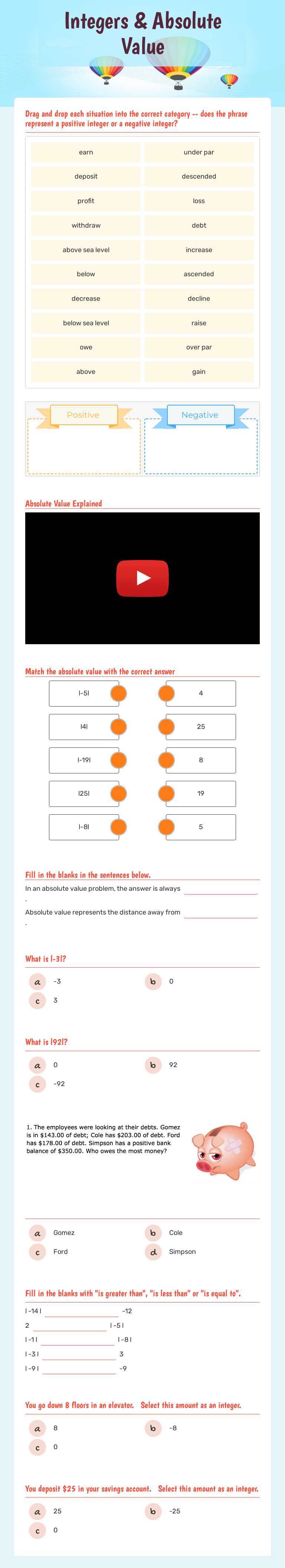 Integers & Absolute Value Grade 6 worksheet preview