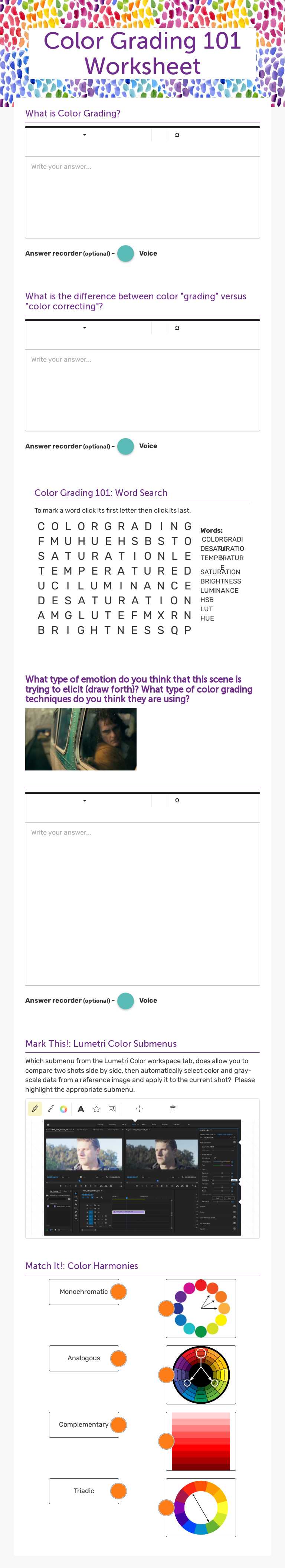 Color Grading 101 Worksheet Grade 10 worksheet preview