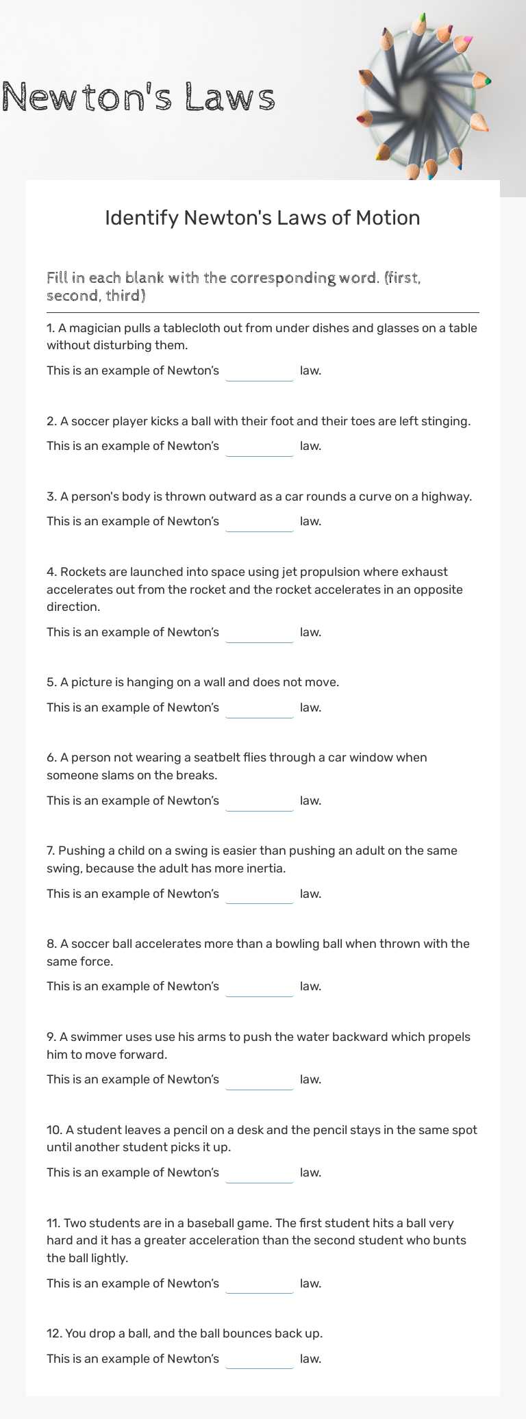 Newton's Laws worksheet preview image