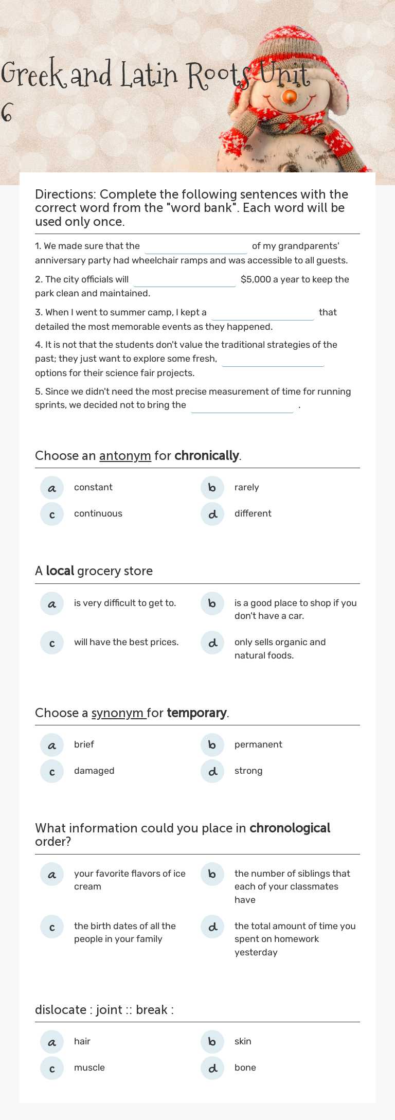 Greek and Latin Roots Unit 6 worksheet preview