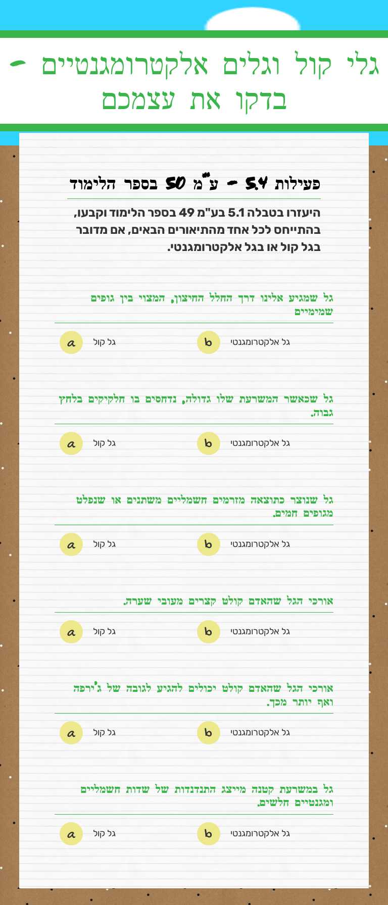 גלי קול וגלים אלקטרומגנטיים - בדקו את עצמכם worksheet preview image