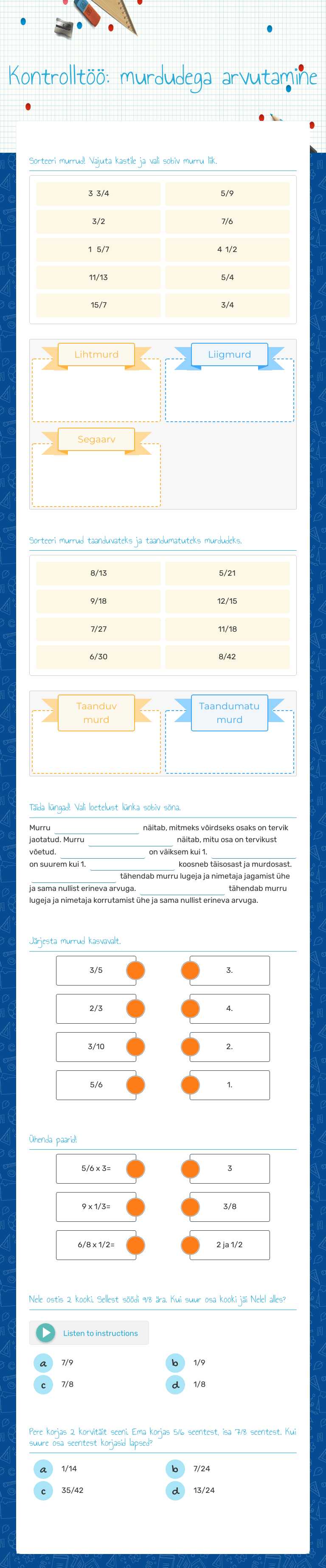 Kontrolltöö: murdudega arvutamine Grade 5 worksheet preview