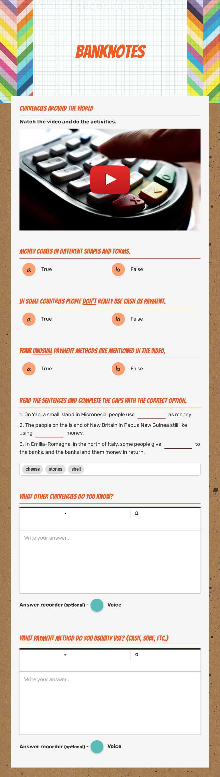 Banknotes worksheet preview image