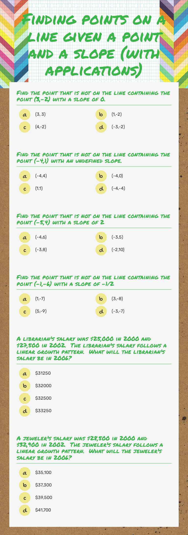 Finding points on a line given a point and a slope      
 (with applications) worksheet preview image