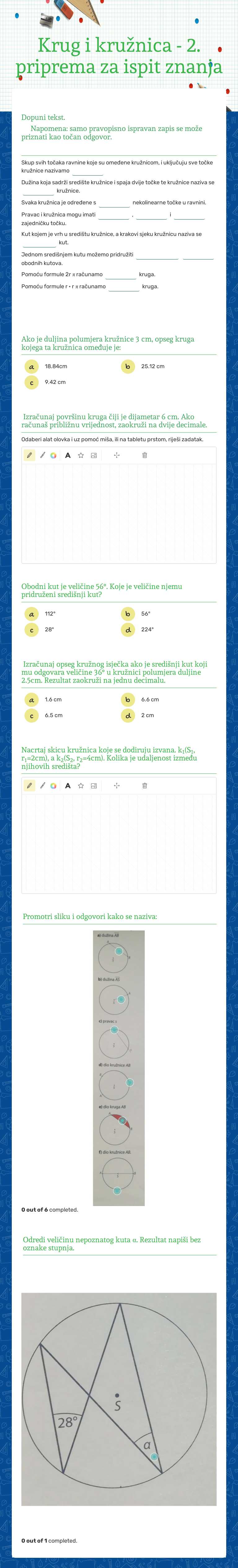 Krug i kružnica - 
2. priprema za ispit znanja Grade 7 worksheet preview