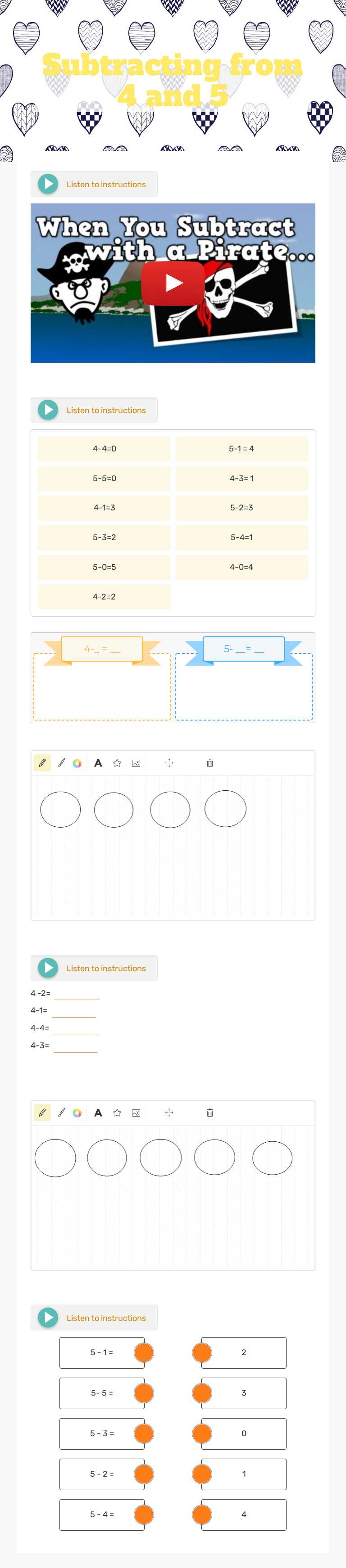 Subtracting from 4 and 5 worksheet preview