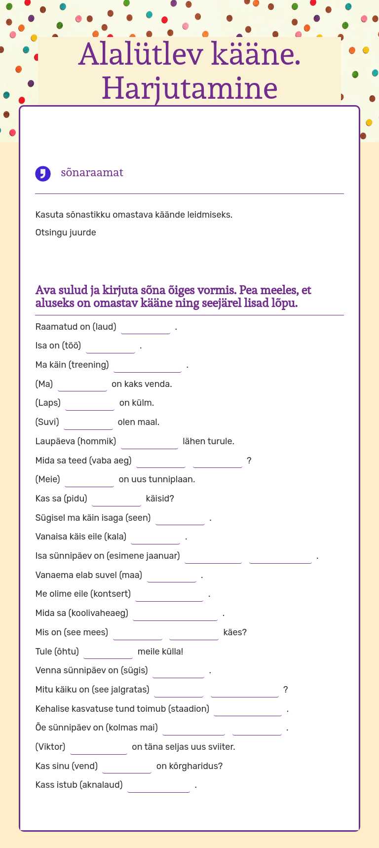 Alalütlev kääne. Harjutamine worksheet preview image