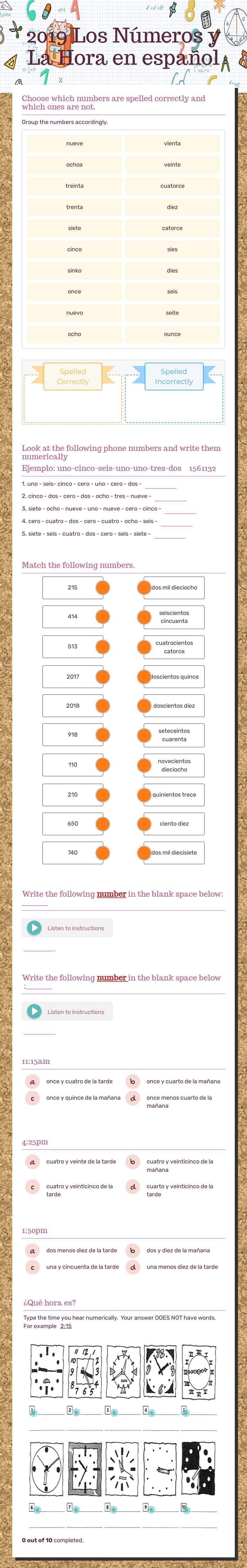 2019 Los Números y                        La Hora en español worksheet preview image