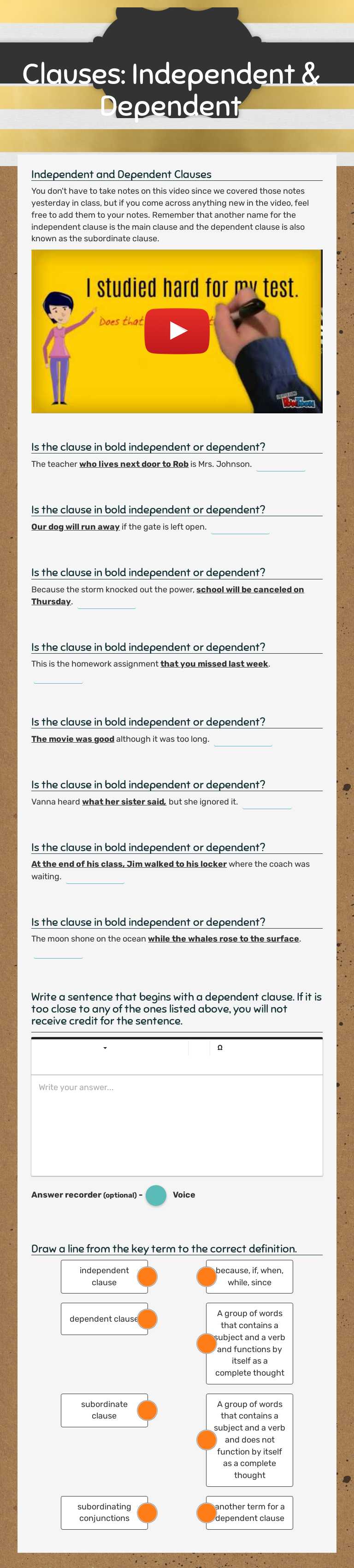 Clauses: Independent & Dependent worksheet preview image