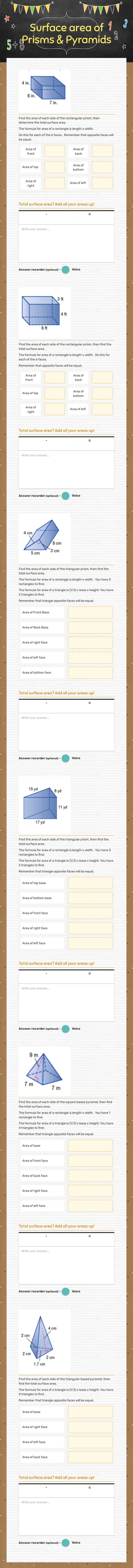 Surface area of  Prisms & Pyramids worksheet preview image