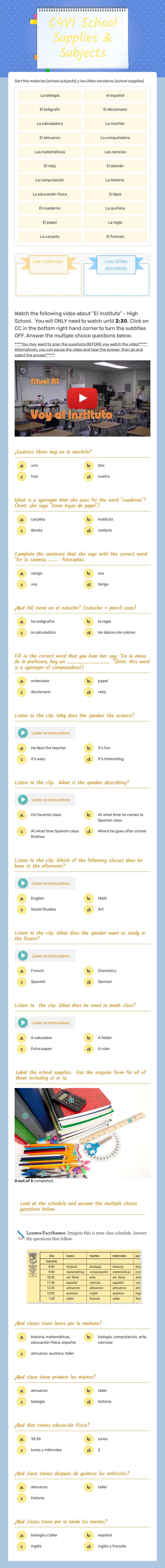 C4V1 School Supplies & Subjects worksheet preview image