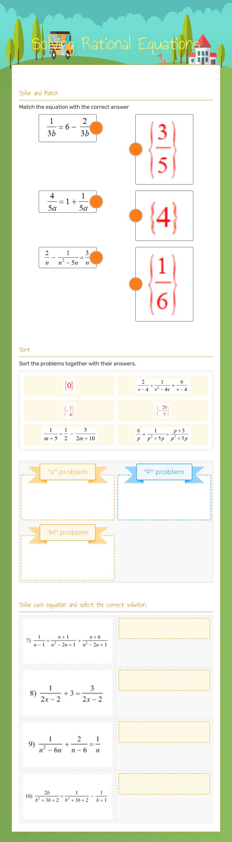 Solving Rational Equations worksheet preview image