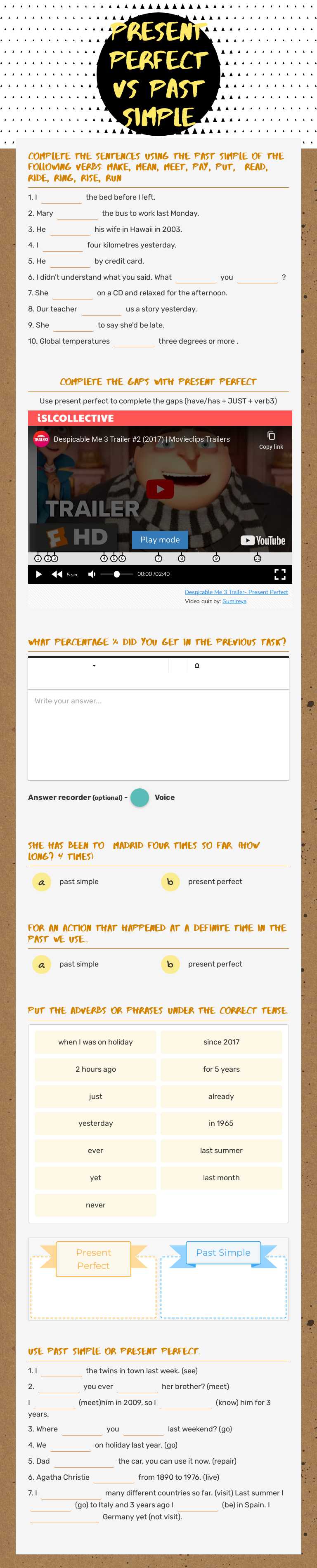 Present perfect vs past simple Grade 6 worksheet preview