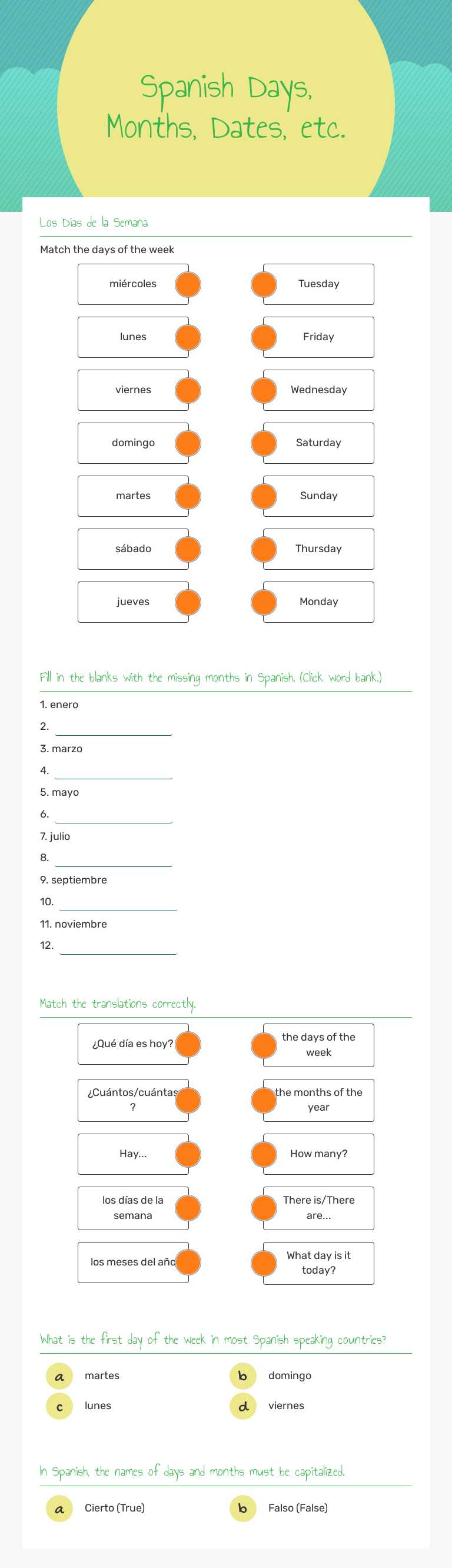 Spanish Days, Months, Dates, etc. Grade 6 worksheet preview
