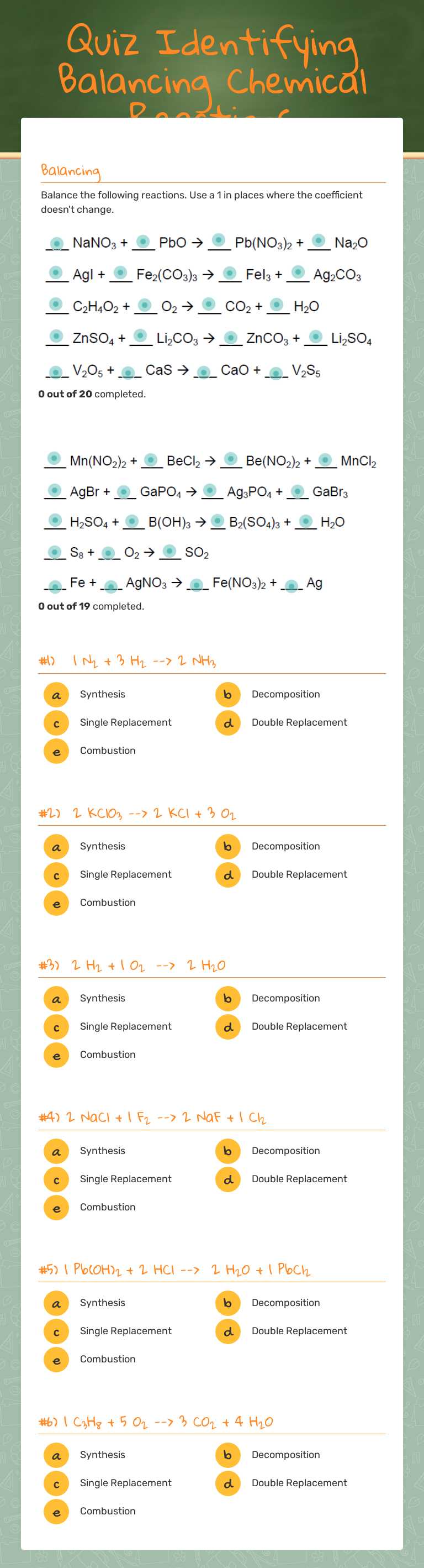 Quiz Identifying Balancing Chemical Reactions worksheet preview image