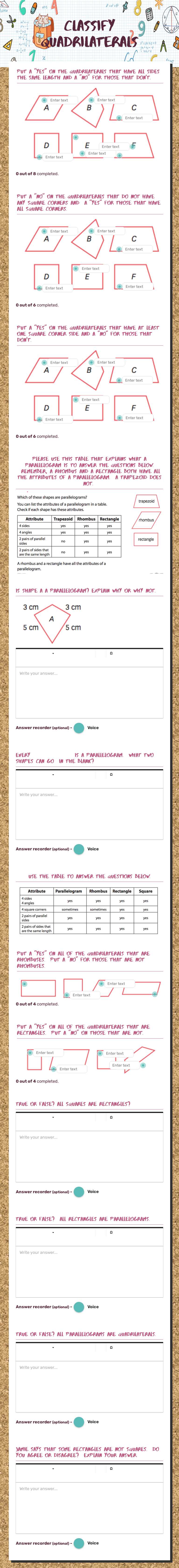 Classify Quadrilaterals Grade 3 worksheet preview