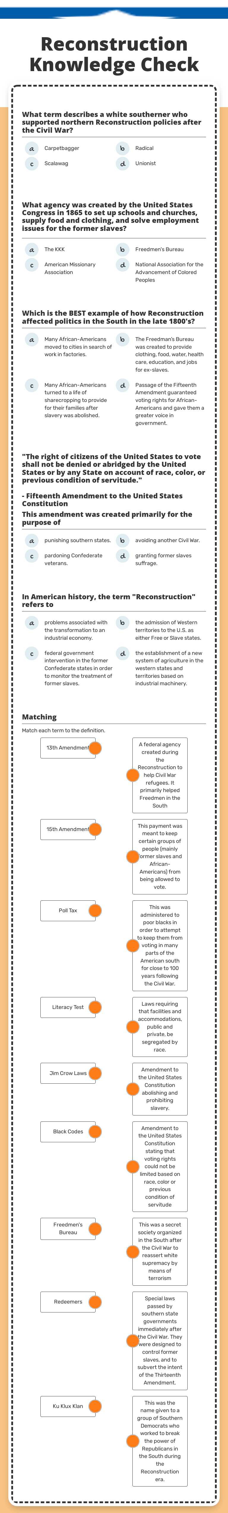 Reconstruction Knowledge Check Grade 11 worksheet preview