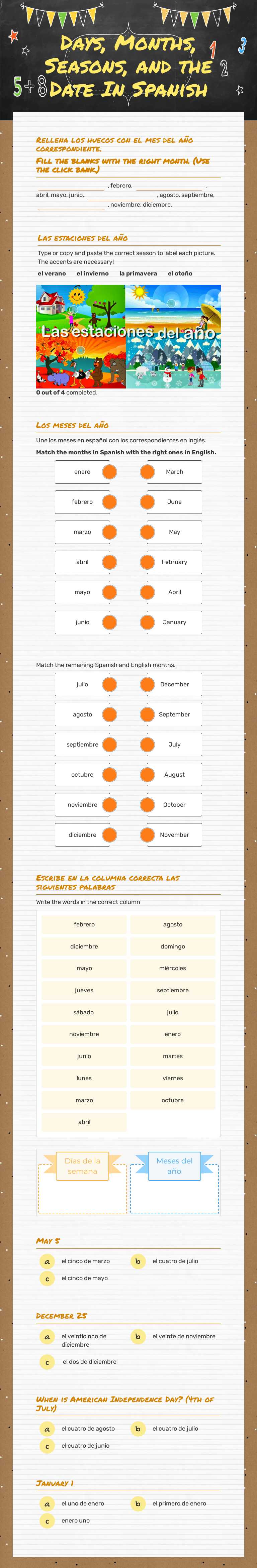 Days, Months, Seasons, and the Date In Spanish Grade 3 worksheet preview