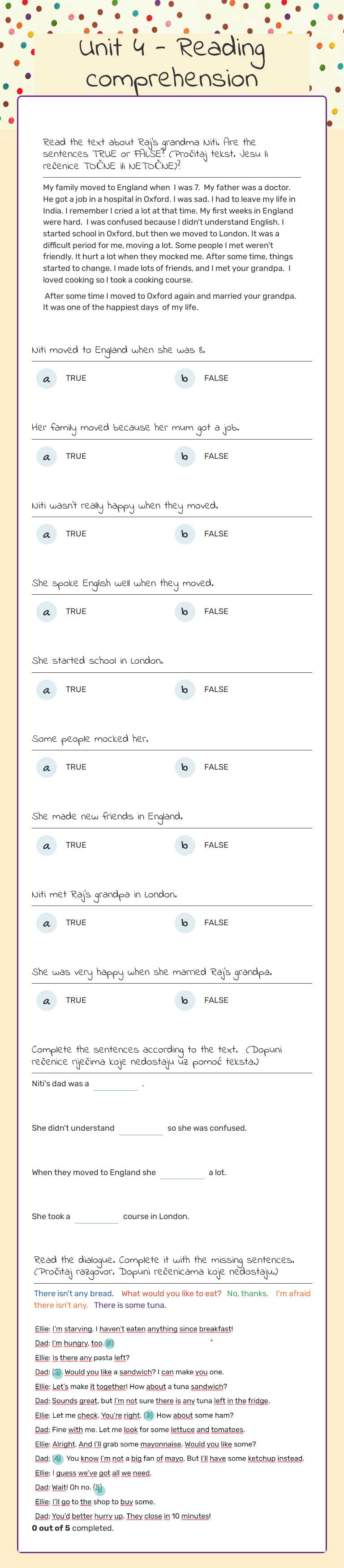 Unit 4 - Reading comprehension Grade 6 worksheet preview