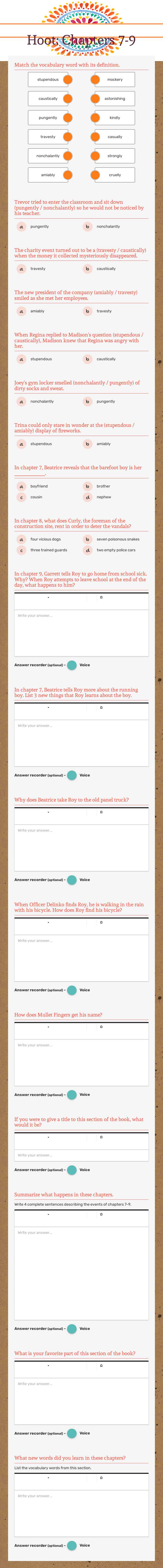 Hoot: Chapters 7-9 worksheet preview image