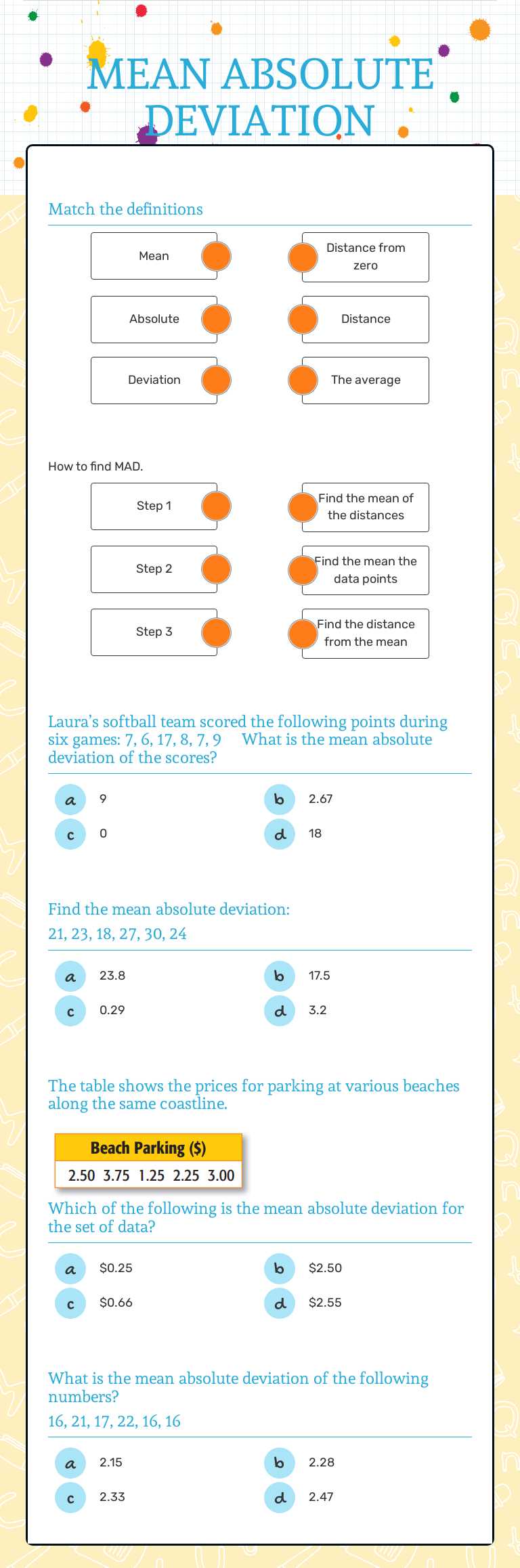 MEAN ABSOLUTE DEVIATION Grade 6 worksheet preview