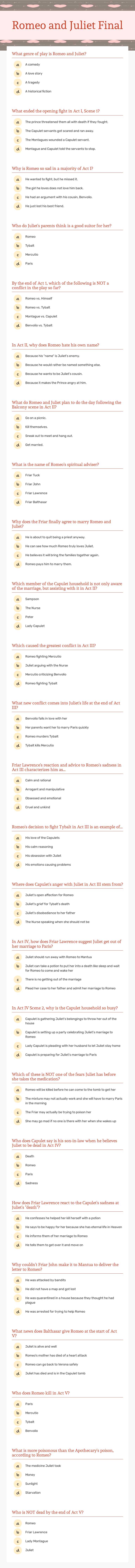 Romeo and Juliet Final worksheet preview image