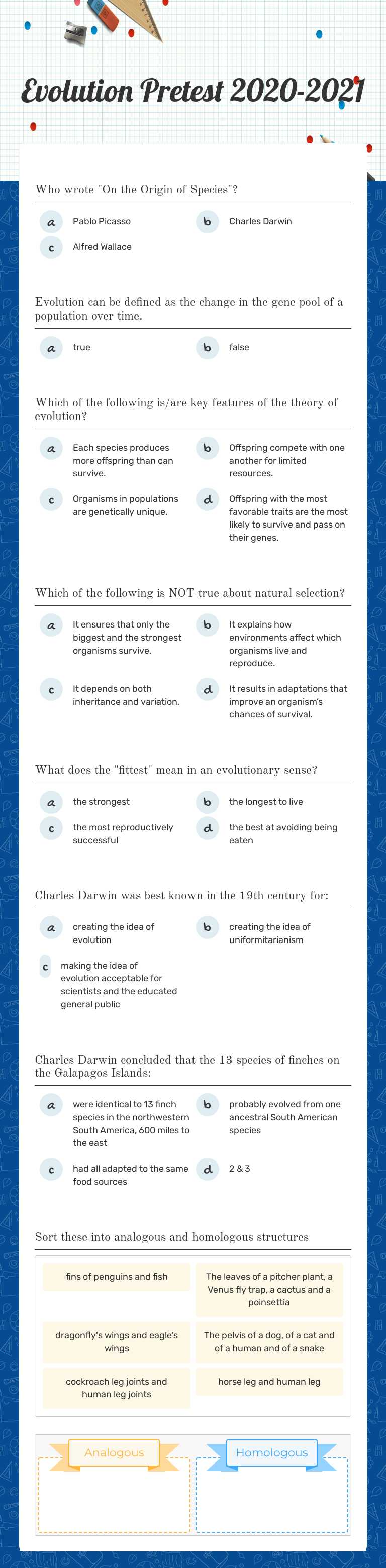 Evolution Pretest 2020-2021 worksheet preview image
