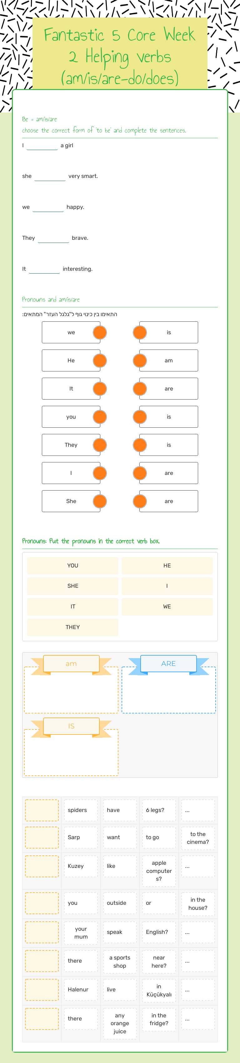 Fantastic 5 Core Week 2 Helping verbs (am/is/are-do/does) worksheet preview image
