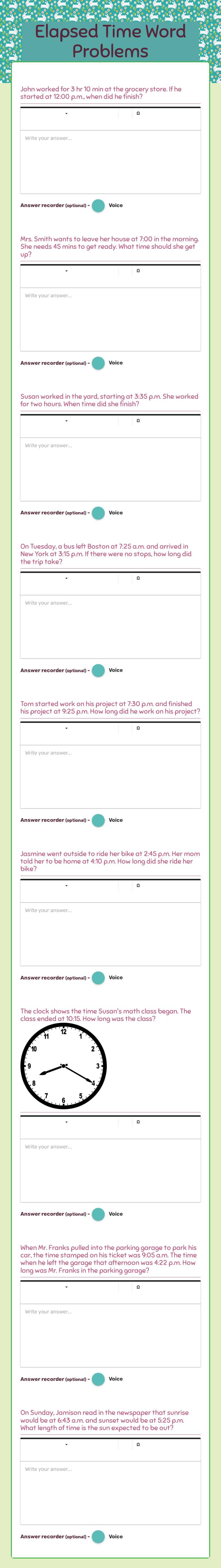 Elapsed Time Word Problems worksheet preview image