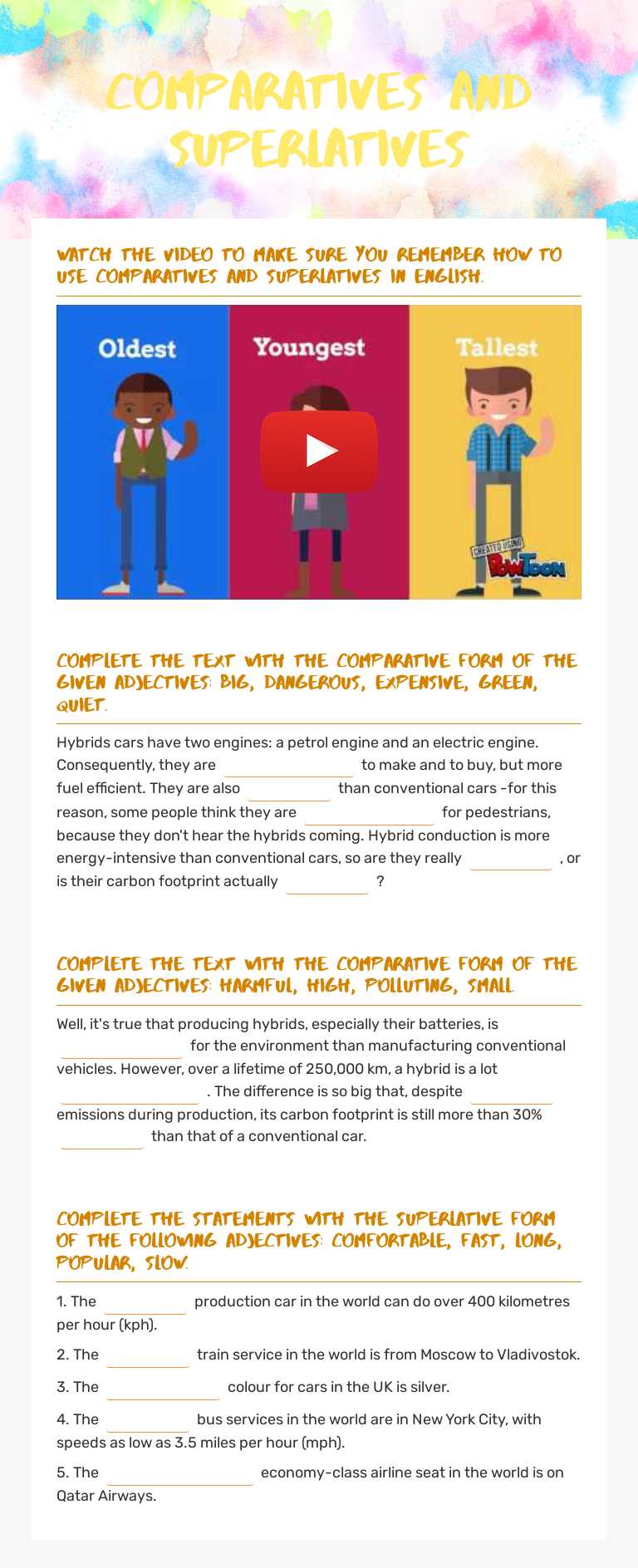 Comparatives and superlatives worksheet preview image
