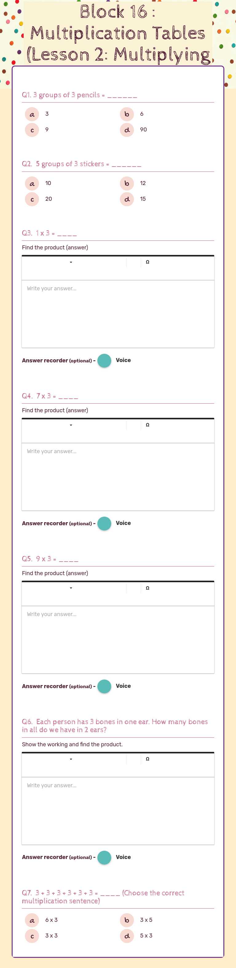 Block 16 : Multiplication Tables (Lesson 2: Multiplying by 3) worksheet preview image