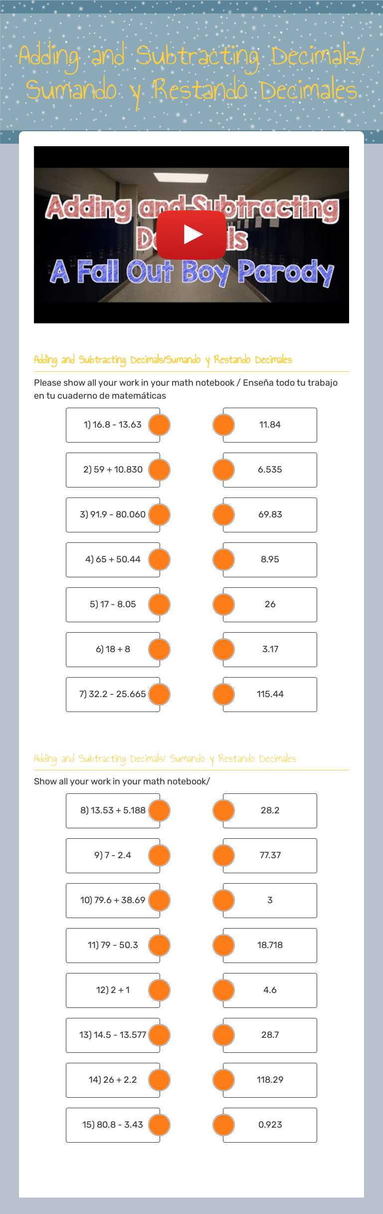 Adding and Subtracting Decimals/ Sumando y Restando Decimales Grade 4 worksheet preview